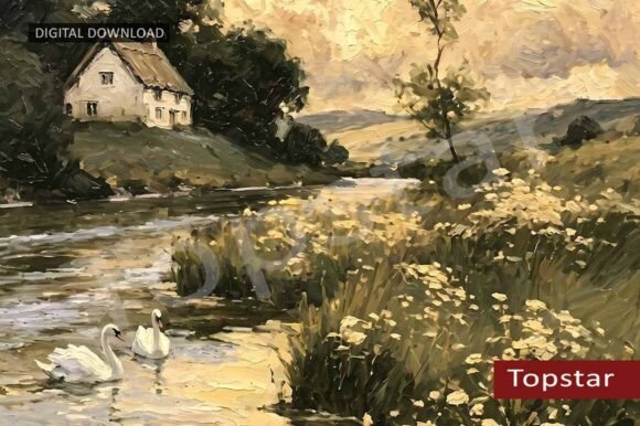 Download River Swans Golden Summer Wall Art Decor - Golden Collection